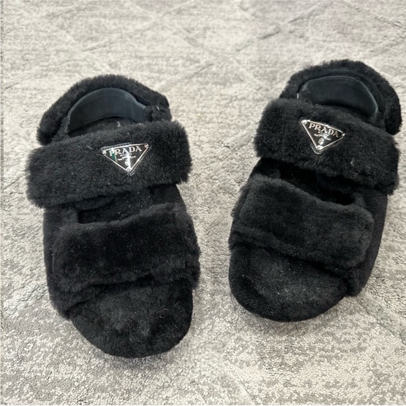 Prada Cozy Sporty Shearling Slingback Sandals Black 40 - Picture 2 of 7